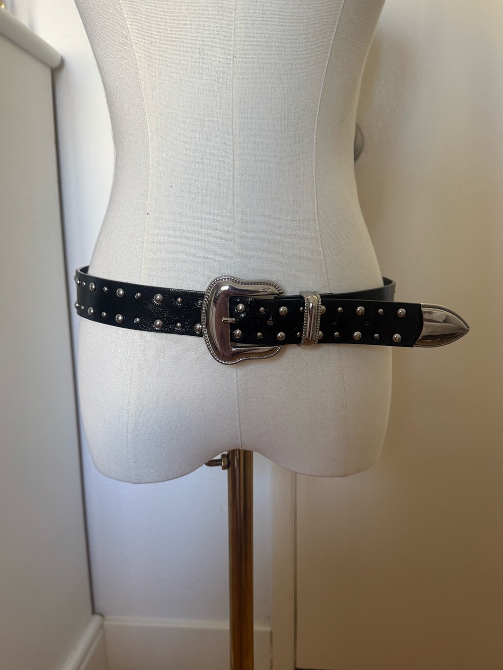Black faux leather silver studded western belt